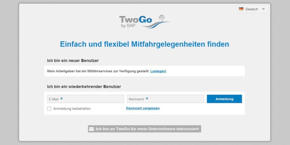 Neugierige Pendler können das Web-Portal der Cloud-Anwendung TwoGo by SAP bereits online inspizieren. Neugierige Pendler können das Web-Portal der Cloud-Anwendung TwoGo by SAP bereits online inspizieren.