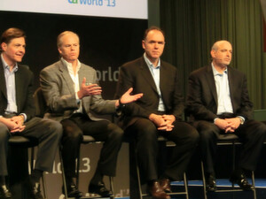Auf dem Podium das Top-Management von CA Technologies (von links nach rechts): George Fischer, EVP Worldwide Sales, CEO Mike Gregoire und Peter Griffith, EVP Technology und Development Group, sowie Adam Elster, EVP und Group Executive, Mainframe, Customer Success. Auf dem Podium das Top-Management von CA Technologies (von links nach rechts): George Fischer, EVP Worldwide Sales, CEO Mike Gregoire und Peter Griffith, EVP Technology und Development Group, sowie Adam Elster, EVP und Group Executive, Mainframe, Customer Success.
