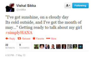 Wenn Vishal Sikka "my girl" sagt, bezieht er sich in der Regel auf sein Lieblingsprojekt SAP HANA – so auch mit diesem wolkigen Tweet, den der SAP-Vorstand gestern veröffentlichte. Wenn Vishal Sikka "my girl" sagt, bezieht er sich in der Regel auf sein Lieblingsprojekt SAP HANA – so auch mit diesem wolkigen Tweet, den der SAP-Vorstand gestern veröffentlichte.
