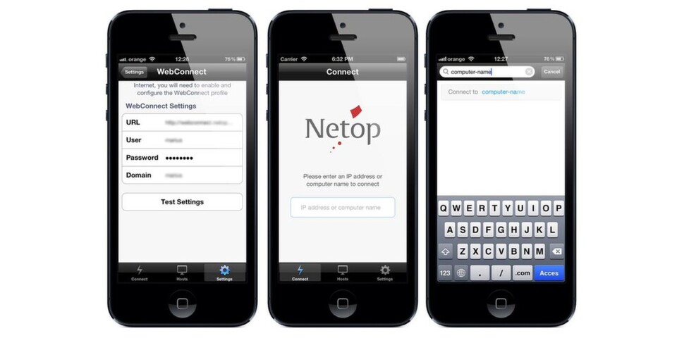 Für Internet-Konnektivität über Netop Webconnect benötigt man die Verbindungsdaten (links) und die IP-Adresse oder den Computernamen des Zielrechners (Mitte). Für Internet-Konnektivität über Netop Webconnect benötigt man die Verbindungsdaten (links) und die IP-Adresse oder den Computernamen des Zielrechners (Mitte).