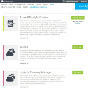 Abbildung 1: In den "vorschaufeatures" von Windows Azure lässt sich über HDInsight auch Hadoop frei schalten. Abbildung 1: In den "vorschaufeatures" von Windows Azure lässt sich über HDInsight auch Hadoop frei schalten.