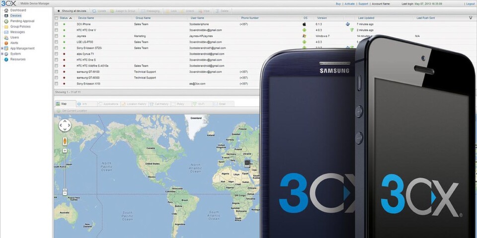 Administratoren können sich mit dem 3CX Mobile Device Manager die Aufenthaltsorte mobiler Endgeräte anzeigen lassen. Administratoren können sich mit dem 3CX Mobile Device Manager die Aufenthaltsorte mobiler Endgeräte anzeigen lassen.
