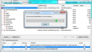 Der SysML-Standard definiert nur die Modellierung parametrischer Diagramme. Gelöst bzw. simuliert werden müssen diese mit Zusatztools. Wie hier z.B. die Software ParaSolver und OpenModelica, die zusammen mit dem Modellierungstools Artisan Studio eingesetzt werden, um die Brennerleistung (hier das „Target“) aus gegebenen Größen für Masse, Start- und Endtemperatur des Wärmeüberträgers, also Wasser, und der Dauer der Heizperiode zu ermitteln. Der SysML-Standard definiert nur die Modellierung parametrischer Diagramme. Gelöst bzw. simuliert werden müssen diese mit Zusatztools. Wie hier z.B. die Software ParaSolver und OpenModelica, die zusammen mit dem Modellierungstools Artisan Studio eingesetzt werden, um die Brennerleistung (hier das „Target“) aus gegebenen Größen für Masse, Start- und Endtemperatur des Wärmeüberträgers, also Wasser, und der Dauer der Heizperiode zu ermitteln.