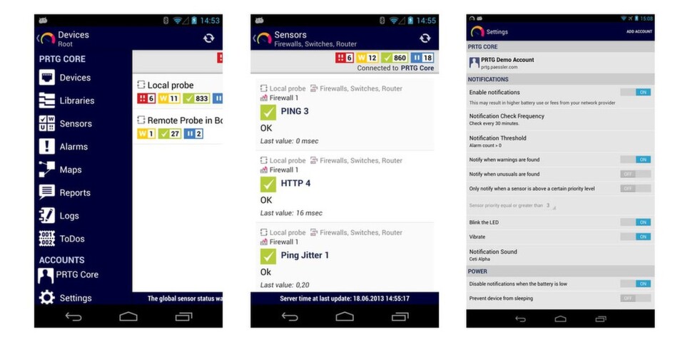 „PRTG for Android“ von Paessler ordnet die Sensordaten zum Netzwerk u.a. hierarchisch in Probes. „PRTG for Android“ von Paessler ordnet die Sensordaten zum Netzwerk u.a. hierarchisch in Probes.