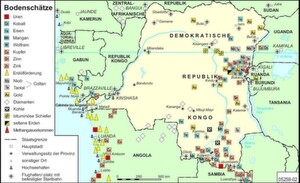 Verteilung der Bodenschätze in der Demokratischen Republik Kongo. Gut zu erkennen ist die Vielzahl von Lagerstätten im Osten des Landes im Grenzgebiet zu Ruanda, Burundi und Uganda. Verteilung der Bodenschätze in der Demokratischen Republik Kongo. Gut zu erkennen ist die Vielzahl von Lagerstätten im Osten des Landes im Grenzgebiet zu Ruanda, Burundi und Uganda.
