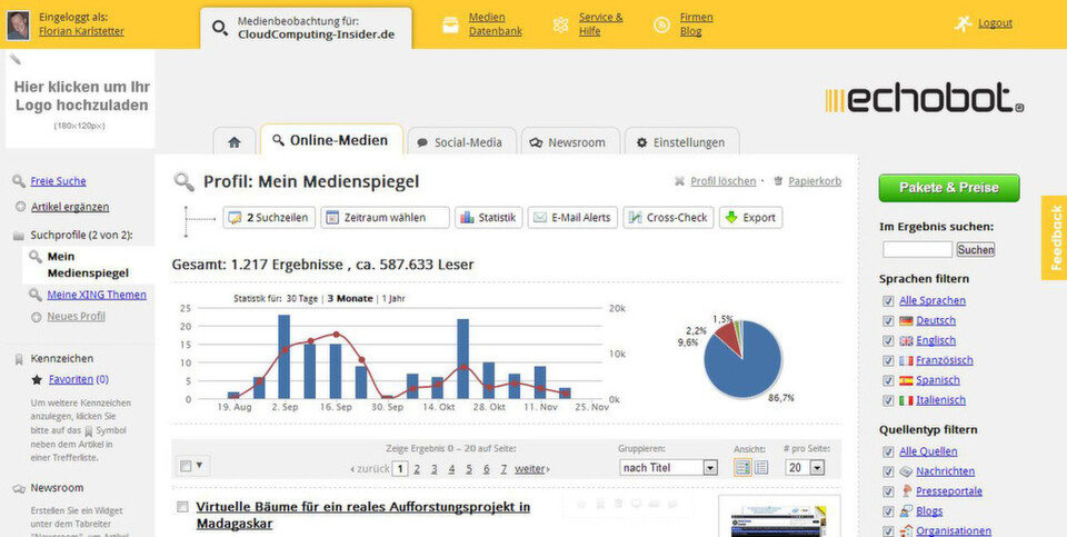 Der Medienspiegel von Echobot informiert auf einen Blick über die gefundenen Webseiten mit den entsprechend eingegebenen Keywörtern. Individuell lassen sich bis zu zu 10 Suchparameter zusätzlich eingeben. Der Medienspiegel von Echobot informiert auf einen Blick über die gefundenen Webseiten mit den entsprechend eingegebenen Keywörtern. Individuell lassen sich bis zu zu 10 Suchparameter zusätzlich eingeben.