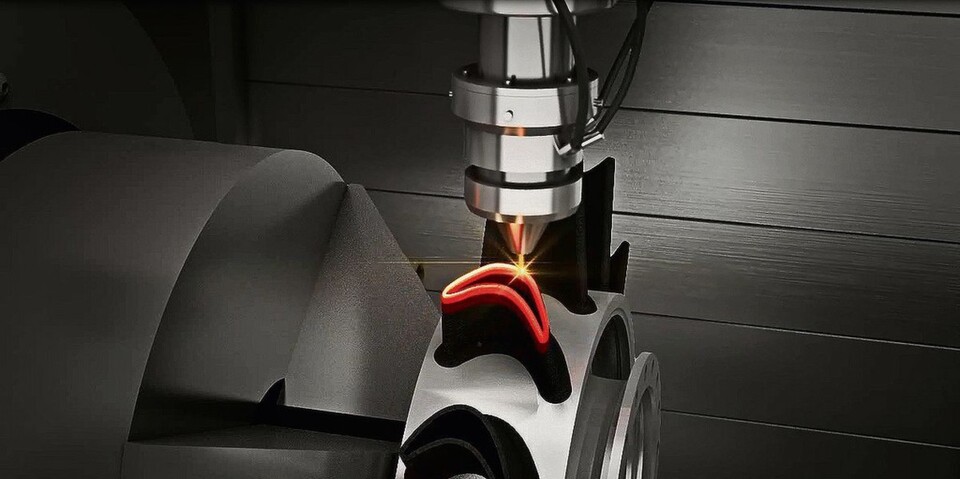 Bei dem Verfahren wird ein Auftragsprozess mittels Metallpulverdüse umgesetzt, der bis 20 mal schneller ist als das Generieren im Pulverbett. Bei dem Verfahren wird ein Auftragsprozess mittels Metallpulverdüse umgesetzt, der bis 20 mal schneller ist als das Generieren im Pulverbett.