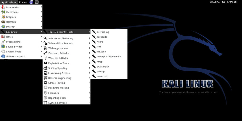 Kali Linux wird Nachfolger der Penetration Testing Distribution BackTrack. Neben OpenVAS bietet Kali noch weitere praktische Security-Werkzeuge an, die zusammen mit OpenVAS eine Sicherheitsanalyse von Netzwerken erstellen können, zum Beispiel Wireshark. Kali Linux wird Nachfolger der Penetration Testing Distribution BackTrack. Neben OpenVAS bietet Kali noch weitere praktische Security-Werkzeuge an, die zusammen mit OpenVAS eine Sicherheitsanalyse von Netzwerken erstellen können, zum Beispiel Wireshark.