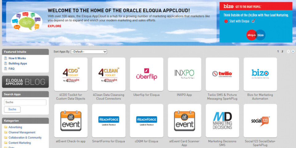 Oracle Eloqua wird in einer neuen Version vorgestellt und bietet Marketing-Mitarbeitern unter anderem Zugriff auf über 100 Marketing-Apps aus der Eloqua AppCloud. Oracle Eloqua wird in einer neuen Version vorgestellt und bietet Marketing-Mitarbeitern unter anderem Zugriff auf über 100 Marketing-Apps aus der Eloqua AppCloud.