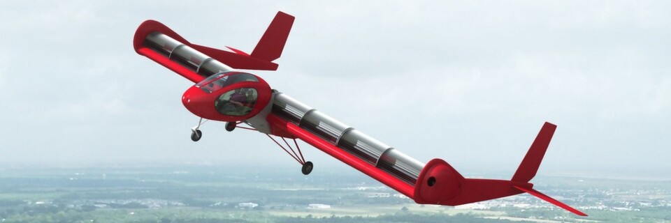 Das Flugzeug der Firma FanWing wird von breiten Rotorblättern in einer Walze über der Tragfläche angetrieben Das Flugzeug der Firma FanWing wird von breiten Rotorblättern in einer Walze über der Tragfläche angetrieben