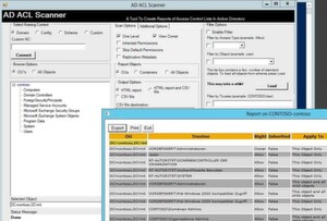 Das Werkzeug AD ACL Scanner zeigt Berechtigungen in der Domäne als HTML-Bericht an. Das Werkzeug AD ACL Scanner zeigt Berechtigungen in der Domäne als HTML-Bericht an.