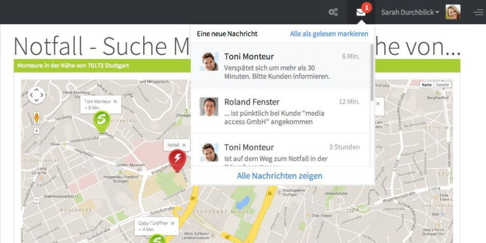 Tourenplanung mit Synagram: per GPS-Ortung haben Einsatzleiter die Standorte ihrer Mitarbeiter stets im Blick. Tourenplanung mit Synagram: per GPS-Ortung haben Einsatzleiter die Standorte ihrer Mitarbeiter stets im Blick.
