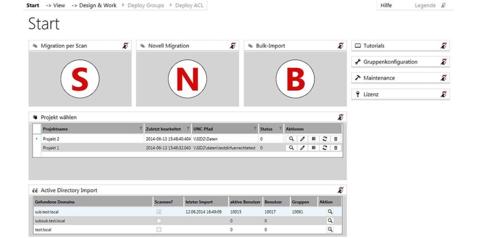 Der Startbildschirm von Migraven 2.0 bietet die Optionen „Migration per Scan“, „Novell-Migration“ und „Bulk-Import“. Der Startbildschirm von Migraven 2.0 bietet die Optionen „Migration per Scan“, „Novell-Migration“ und „Bulk-Import“.