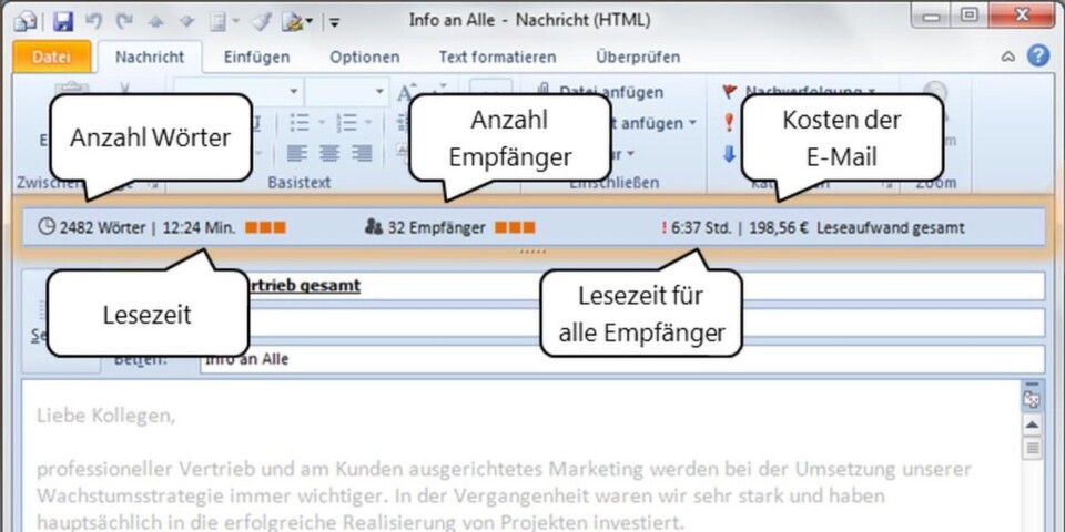 Effizienzkennzahlen und visuelle Indikatoren teilen dem Verfasser mit, wie er seine E-Mail optimieren kann. Effizienzkennzahlen und visuelle Indikatoren teilen dem Verfasser mit, wie er seine E-Mail optimieren kann.