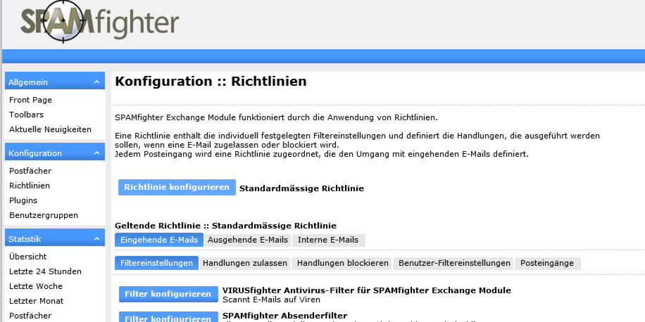 Die Richtlinienverwaltung für das SPAMfighter Exchange Server-Modul erfolgt unkompliziert über eine Web-Oberfläche. Die Richtlinienverwaltung für das SPAMfighter Exchange Server-Modul erfolgt unkompliziert über eine Web-Oberfläche.