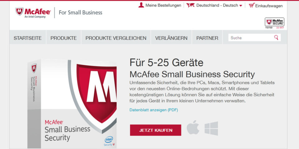 Die neuen Sicherheitspakete von McAfee bieten kleinen und mittleren Unternehmen bezahlbaren Schutz vor Malware und Sicherheitslücken auf PCs, Macs und Android-Geräten. Die neuen Sicherheitspakete von McAfee bieten kleinen und mittleren Unternehmen bezahlbaren Schutz vor Malware und Sicherheitslücken auf PCs, Macs und Android-Geräten.