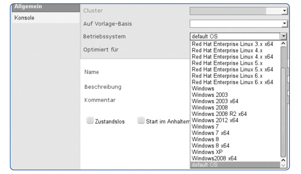 Der Screenshot zeigt das Anlegen einer VM in der oVirt-Management-Oberfläche des Browser. Der Screenshot zeigt das Anlegen einer VM in der oVirt-Management-Oberfläche des Browser.