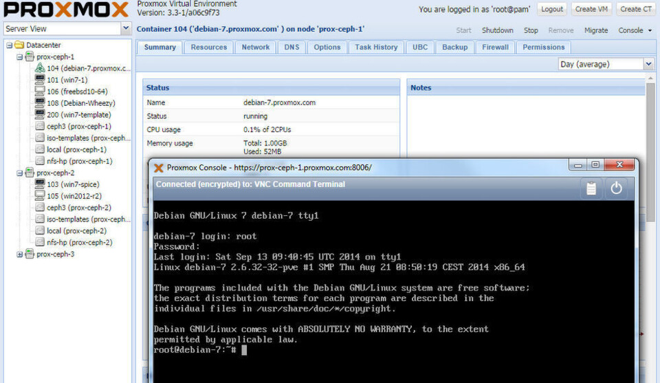 Screenshot aus dem Virtuaksisierungswerkzeug Proxmox Virtual Envrionment (PVE) Screenshot aus dem Virtuaksisierungswerkzeug Proxmox Virtual Envrionment (PVE)