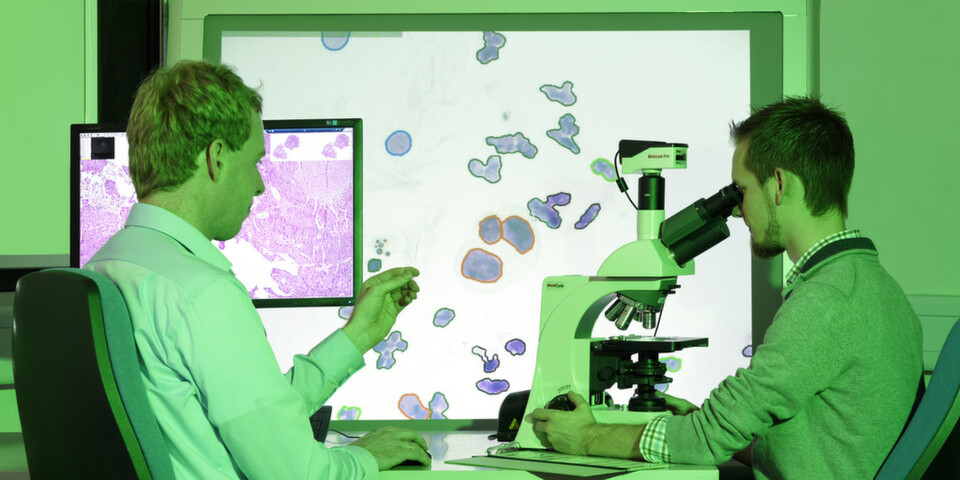 DNA-Bildzytometrie zur bis zu zwei Jahren schnelleren Krebsfruehdiagnose an Zellabstrichen. Mitarbeiter des Lehrstuhls fuer Bildverarbeitung der RWTH Aachen entwickelten Mustererkennungssysteme, die automatisch Zellkerne mit kleinsten morphologischen Veraenderungen in digitalen Aufnahmen identifizieren (siehe rotumrandete Zellen). DNA-Bildzytometrie zur bis zu zwei Jahren schnelleren Krebsfruehdiagnose an Zellabstrichen. Mitarbeiter des Lehrstuhls fuer Bildverarbeitung der RWTH Aachen entwickelten Mustererkennungssysteme, die automatisch Zellkerne mit kleinsten morphologischen Veraenderungen in digitalen Aufnahmen identifizieren (siehe rotumrandete Zellen).