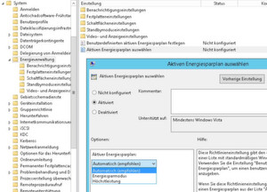 Abbildung 5: In den Gruppenrichtlinien können Administratoren für mehrere Rechner gleichzeitig einen Energiesparplan konfigurieren. Abbildung 5: In den Gruppenrichtlinien können Administratoren für mehrere Rechner gleichzeitig einen Energiesparplan konfigurieren.