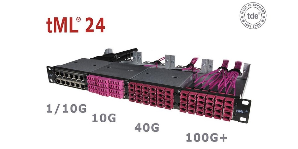 Hersteller TDE bezeichnet sein TML-24-System für die Migration zu höheren Übertragungsraten als Revolution in der Glasfaserverkabelung. Hersteller TDE bezeichnet sein TML-24-System für die Migration zu höheren Übertragungsraten als Revolution in der Glasfaserverkabelung.