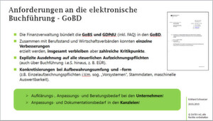 GoBS = Grundsätze ordnungsmäßiger DV-gestützter Buchführungssysteme, GDPdU = Grundsätze zum Datenzugriff und zur Prüfbarkeit digitaler Unterlagen, GoBD = Grundsätze zur ordnungsmäßigen Führung und Aufbewahrung von Büchern, Aufzeichnungen und Unterlagen in elektronischer Form sowie zum Datenzugriff GoBS = Grundsätze ordnungsmäßiger DV-gestützter Buchführungssysteme, GDPdU = Grundsätze zum Datenzugriff und zur Prüfbarkeit digitaler Unterlagen, GoBD = Grundsätze zur ordnungsmäßigen Führung und Aufbewahrung von Büchern, Aufzeichnungen und Unterlagen in elektronischer Form sowie zum Datenzugriff
