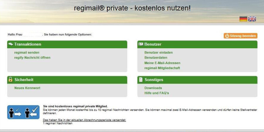 Mit regimail private können Privatpersonen vertrauliche Daten kostenlos versenden und empfangen. Unternehmen können den Dienst zum kostenlosen Empfang von Nachrichten nutzen, für den Versand ist das kostenpflichtige regimail professional nötig. Mit regimail private können Privatpersonen vertrauliche Daten kostenlos versenden und empfangen. Unternehmen können den Dienst zum kostenlosen Empfang von Nachrichten nutzen, für den Versand ist das kostenpflichtige regimail professional nötig.
