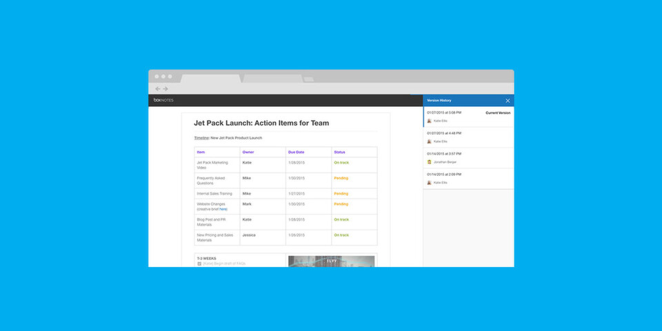 Die Cloud-Lösung Box Notes wurde um neue Teamwork-Funktionen erweitert: Anwender können nun auch einen Versionsverlauf nutzen, Tabellen anlegen oder Fotos hochladen. Die Cloud-Lösung Box Notes wurde um neue Teamwork-Funktionen erweitert: Anwender können nun auch einen Versionsverlauf nutzen, Tabellen anlegen oder Fotos hochladen.