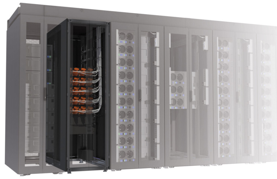 Knürr PowerTrans2, hier in Kombination mit Liebert APM USV und MPX Rack-PDU, kann zur Unterstützung der Stromverteilung an das Rack verwendet werden. Knürr PowerTrans2, hier in Kombination mit Liebert APM USV und MPX Rack-PDU, kann zur Unterstützung der Stromverteilung an das Rack verwendet werden.