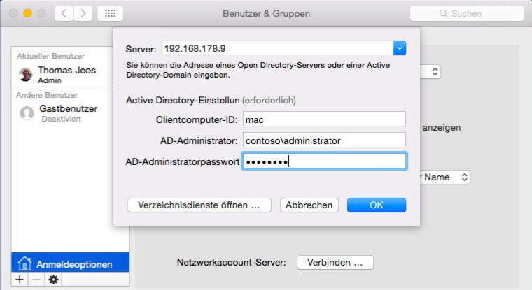 Das Verknüpfen des Domänencontrollers geschieht über den Namen oder die IP-Adresse. Das Verknüpfen des Domänencontrollers geschieht über den Namen oder die IP-Adresse.