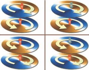Vier Beispiele der untersuchten Doppelwirbel-Zustände mit entgegengesetzten Drehrichtungen der Wirbel. Die gelben, flachen Pfeile in den Scheiben stellen die Drehrichtung der Magnetisierung dar. Die Polarität der Wirbelkerne ist mit roten und grünen Pfeilen dargestellt. Der Kern mit einem Durchmesser von nur wenigen Nanometern hat einen überraschend großen Einfluss auf die Dynamik der Magnetisierung, wenn ein Strom durch die Doppelwirbel-Türmchen fließt. Vier Beispiele der untersuchten Doppelwirbel-Zustände mit entgegengesetzten Drehrichtungen der Wirbel. Die gelben, flachen Pfeile in den Scheiben stellen die Drehrichtung der Magnetisierung dar. Die Polarität der Wirbelkerne ist mit roten und grünen Pfeilen dargestellt. Der Kern mit einem Durchmesser von nur wenigen Nanometern hat einen überraschend großen Einfluss auf die Dynamik der Magnetisierung, wenn ein Strom durch die Doppelwirbel-Türmchen fließt.