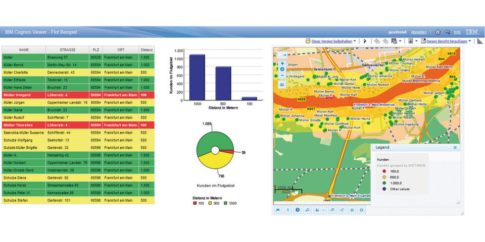 Beispiel einer Visualisierung von geografischer Information mit einem Plug-in in IBM Cognos Viewer: Screenshot der Verteilung der Wohnstandorte von Versicherungsnehmern im Einzugsbereich eines potenziellen Überschwemmungsereignisses. Eine solche Grafik kann von einem Versicherer als Entscheidungsgrundlage für die Prämienfestsetzung von Hausrats- und Gebäudeversicherungen genutzt werden. Beispiel einer Visualisierung von geografischer Information mit einem Plug-in in IBM Cognos Viewer: Screenshot der Verteilung der Wohnstandorte von Versicherungsnehmern im Einzugsbereich eines potenziellen Überschwemmungsereignisses. Eine solche Grafik kann von einem Versicherer als Entscheidungsgrundlage für die Prämienfestsetzung von Hausrats- und Gebäudeversicherungen genutzt werden.