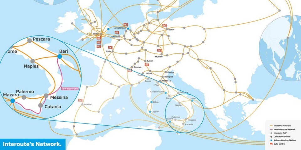 Die Glasfaserstrecke soll die Hochleistungskonnektivität von Interoutes Landestationen in Mazara del Vallo und Bari für die Verbindung von Unterseekabeln nach Europa erhöhen. Die Glasfaserstrecke soll die Hochleistungskonnektivität von Interoutes Landestationen in Mazara del Vallo und Bari für die Verbindung von Unterseekabeln nach Europa erhöhen.