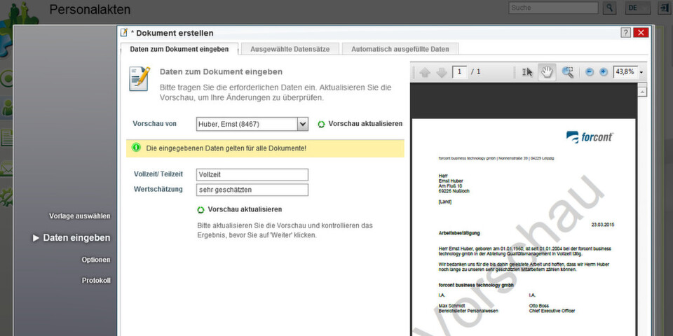 Forcont Business Technology spendiert seinen dokumentenzentrierten Applikationen neue Funktionen. Im Bild: die digitale Personalakte. Forcont Business Technology spendiert seinen dokumentenzentrierten Applikationen neue Funktionen. Im Bild: die digitale Personalakte.