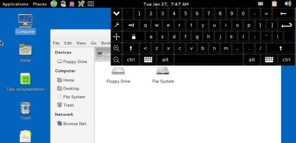 Zur Standardausstattung von Linux Tails gehören unter anderem eine virtuelle Tastatur und das integrierte Tor-Netzwerk. Zur Standardausstattung von Linux Tails gehören unter anderem eine virtuelle Tastatur und das integrierte Tor-Netzwerk.