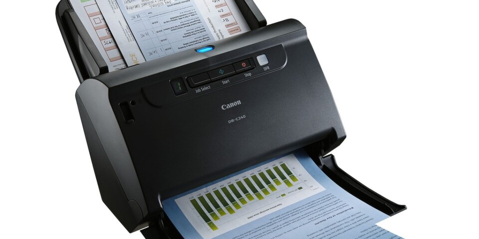 Der Hochleistungsscanner Imageformula DR-C240 von Canon liest bis zu 45 Seiten pro Minute ein. Er verarbeitet dabei Vorlagen vom sehr dünnen Blatt bis hin zur vier Millimeter starken Karte. Der Hochleistungsscanner Imageformula DR-C240 von Canon liest bis zu 45 Seiten pro Minute ein. Er verarbeitet dabei Vorlagen vom sehr dünnen Blatt bis hin zur vier Millimeter starken Karte.