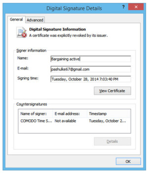 Das von einer Certificate Authority signierte Zertifikat von ‚Bargaining Active’. Das von einer Certificate Authority signierte Zertifikat von ‚Bargaining Active’.