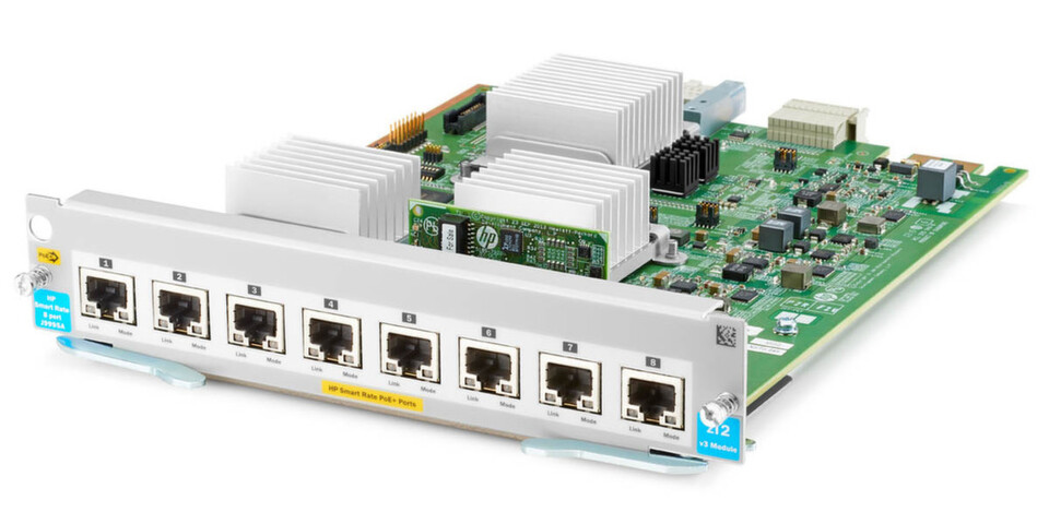 In den Switching-Modulen arbeiten auf SDN hin optimierte ASICs. Im Bild zu sehen: Das HP 8-port 12.5510GBASE-T PoE+ MACsec v3 zl2 Module (J9995A). In den Switching-Modulen arbeiten auf SDN hin optimierte ASICs. Im Bild zu sehen: Das HP 8-port 12.5510GBASE-T PoE+ MACsec v3 zl2 Module (J9995A).