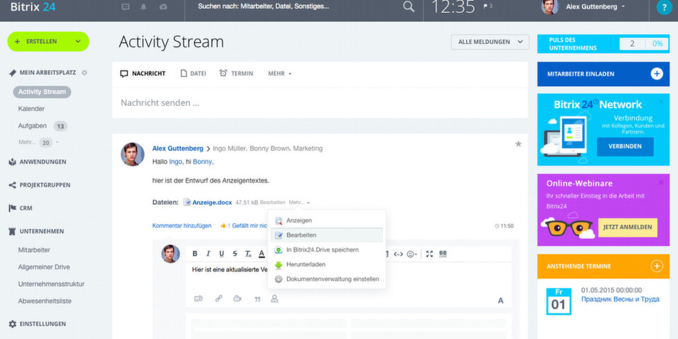 Die Social-Collaboration-Plattform Bitrix24 bietet u.a. die Möglichkeit, Dateien via File-Server und Activity-Stream in die Cloud auszulagern. Die Social-Collaboration-Plattform Bitrix24 bietet u.a. die Möglichkeit, Dateien via File-Server und Activity-Stream in die Cloud auszulagern.