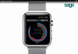 Sage CRM lässt sich bald auch auf einer Apple Watch ausführen. Hier ist ein Prototyp zu sehen. Sage CRM lässt sich bald auch auf einer Apple Watch ausführen. Hier ist ein Prototyp zu sehen.