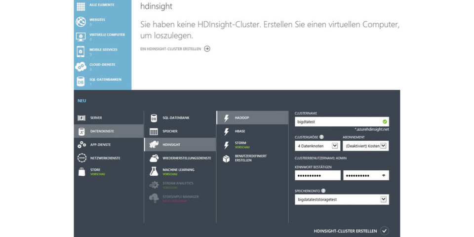 HDInsight-/Hadoop-Cluster mit Apache Storm erstellen Administratoren am einfachsten im Webportal von Microsoft Azure mit einem Assistenten. HDInsight-/Hadoop-Cluster mit Apache Storm erstellen Administratoren am einfachsten im Webportal von Microsoft Azure mit einem Assistenten.