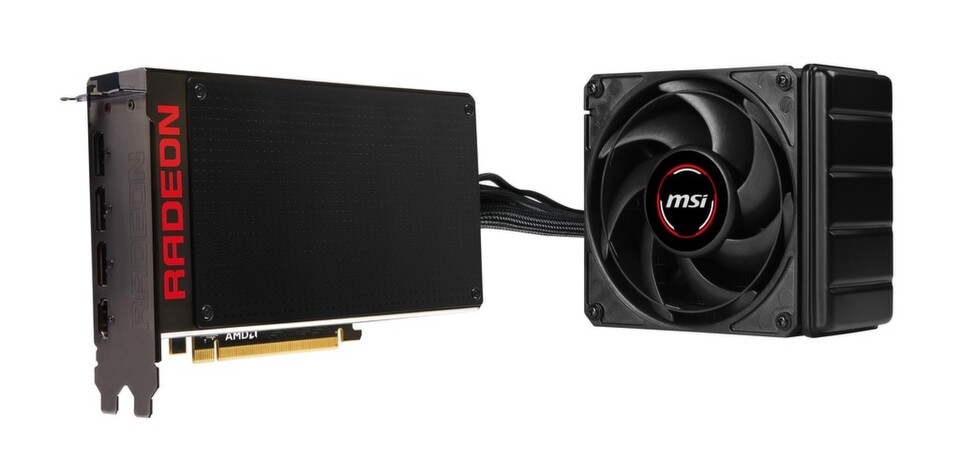 Die MSI R9 Fury X 4G wird mit Wasser gekühlt, die Schläuche zum 120-mm-Radiator sind fest montiert. Die MSI R9 Fury X 4G wird mit Wasser gekühlt, die Schläuche zum 120-mm-Radiator sind fest montiert.