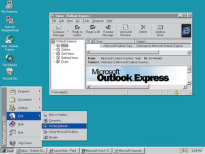 Der Windows-95-Desktop. Merkmale wie das Startmenü oder die Taskleiste sollten auch in späteren Editionen essentielle Merkmale des Betriebssystems bleiben. Der Windows-95-Desktop. Merkmale wie das Startmenü oder die Taskleiste sollten auch in späteren Editionen essentielle Merkmale des Betriebssystems bleiben.
