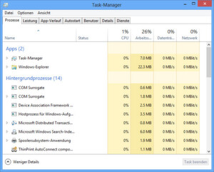 Der Taskmanager wurde in Windows 8 signifikant erweitert, zudem wurden einige Zusatzfunktionen wie Dienstüberwachung und Autostart-Menü hier vereint. Der Taskmanager wurde in Windows 8 signifikant erweitert, zudem wurden einige Zusatzfunktionen wie Dienstüberwachung und Autostart-Menü hier vereint.