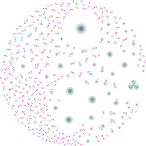 Übersicht des Scamware Hosting-Netzwerks (Knotenlegende – Rot: Host, Pink: Domäne, Grün: File-MDS). Übersicht des Scamware Hosting-Netzwerks (Knotenlegende – Rot: Host, Pink: Domäne, Grün: File-MDS).