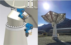 Bild 3: Ein zweiachsiges Trackingsystem (links) bestehend aus Schrittmotor und Encoder führt die Parabolschüssel (rechts) per Sensor der Sonne nach und sorgt damit für optimalen Wirkungsgrad. Bild 3: Ein zweiachsiges Trackingsystem (links) bestehend aus Schrittmotor und Encoder führt die Parabolschüssel (rechts) per Sensor der Sonne nach und sorgt damit für optimalen Wirkungsgrad.