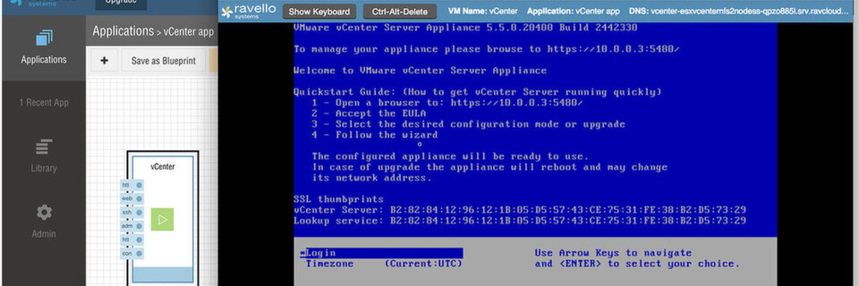 Die als Teil des Ravello-Dienstes bereit gestellte Management-Oberfläche stellt Vorlagen für ESXi-Hosts bereit und erlaubt das Hochladen der kompletten eigenen „vCenter“-Umgebung als Kopie. Die als Teil des Ravello-Dienstes bereit gestellte Management-Oberfläche stellt Vorlagen für ESXi-Hosts bereit und erlaubt das Hochladen der kompletten eigenen „vCenter“-Umgebung als Kopie.