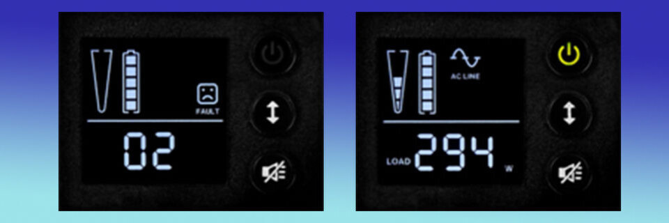 Das Display der Protect-B-Serie von AEG Power Solutions zeigt unter anderem Das Display zeigt Fehlermeldungen und die Last in Watt. Das Display der Protect-B-Serie von AEG Power Solutions zeigt unter anderem Das Display zeigt Fehlermeldungen und die Last in Watt.