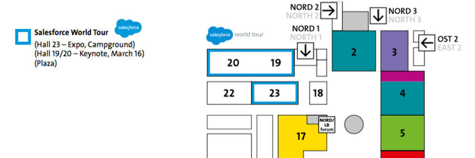 Die Salesforce World Tour gastiert auf der CeBIT 2016 in bester Lage: Die gebuchten Hallen 19/20 und 23 liegen am hoch frequentierten Nord-Eingang. Die Salesforce World Tour gastiert auf der CeBIT 2016 in bester Lage: Die gebuchten Hallen 19/20 und 23 liegen am hoch frequentierten Nord-Eingang.