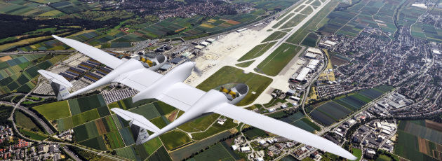 Das viersitzige Brennstoffzellenflugzeug HY4 des DLR über dem Stuttgarter Flughafen. Das viersitzige Brennstoffzellenflugzeug HY4 des DLR über dem Stuttgarter Flughafen.
